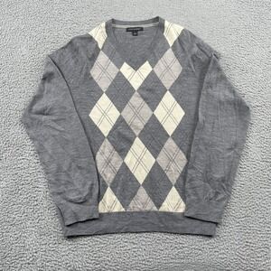 Banana Republic Sweater Men L Gray Argyle Extra Fine Merino Wool V-Neck Pullover